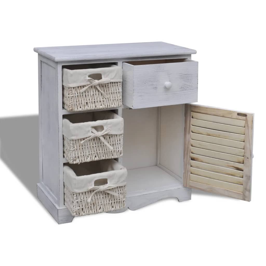 Holzschränkchen mit 3 Flechtkörben Weiß