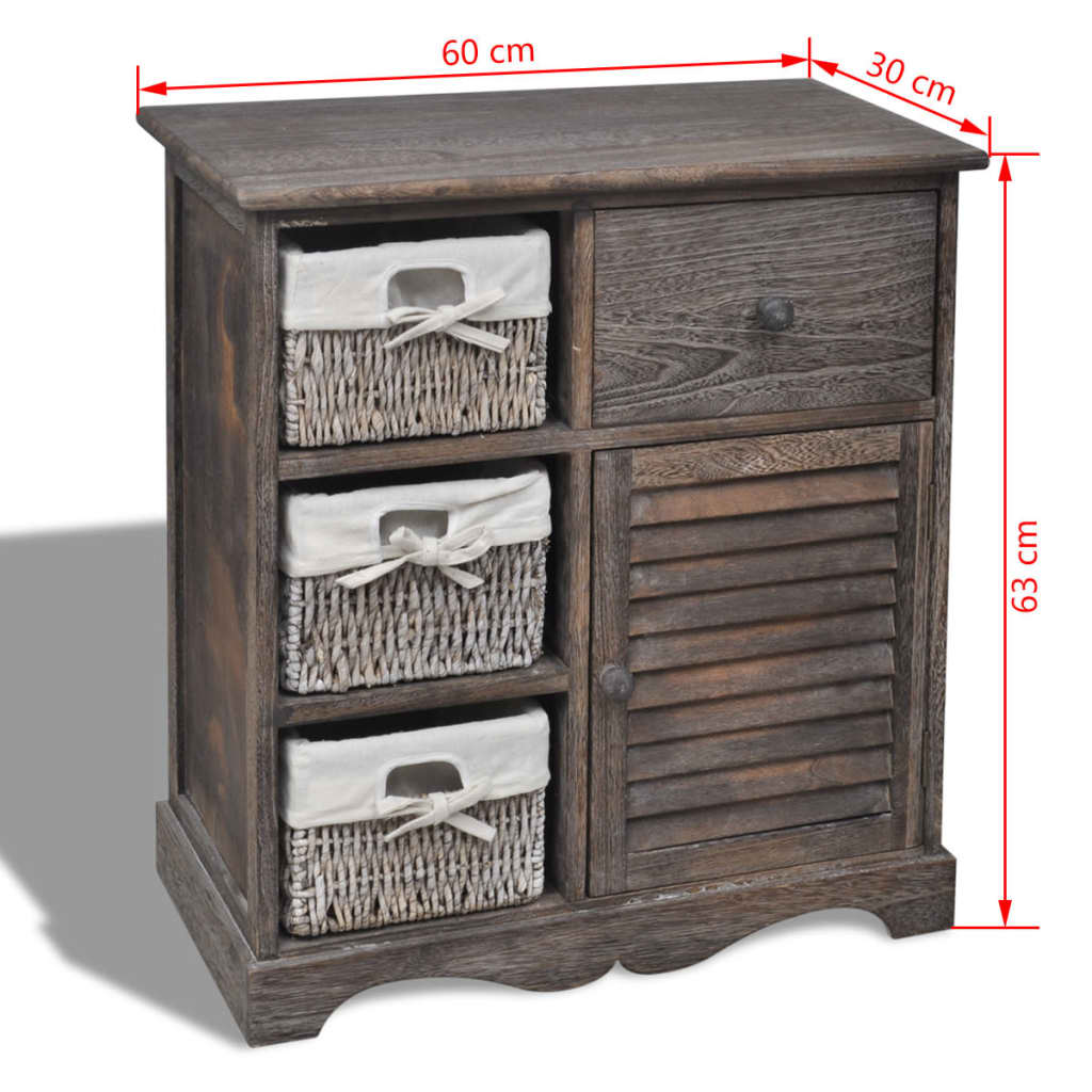Holzschränkchen mit 3 Flechtkörben Braun