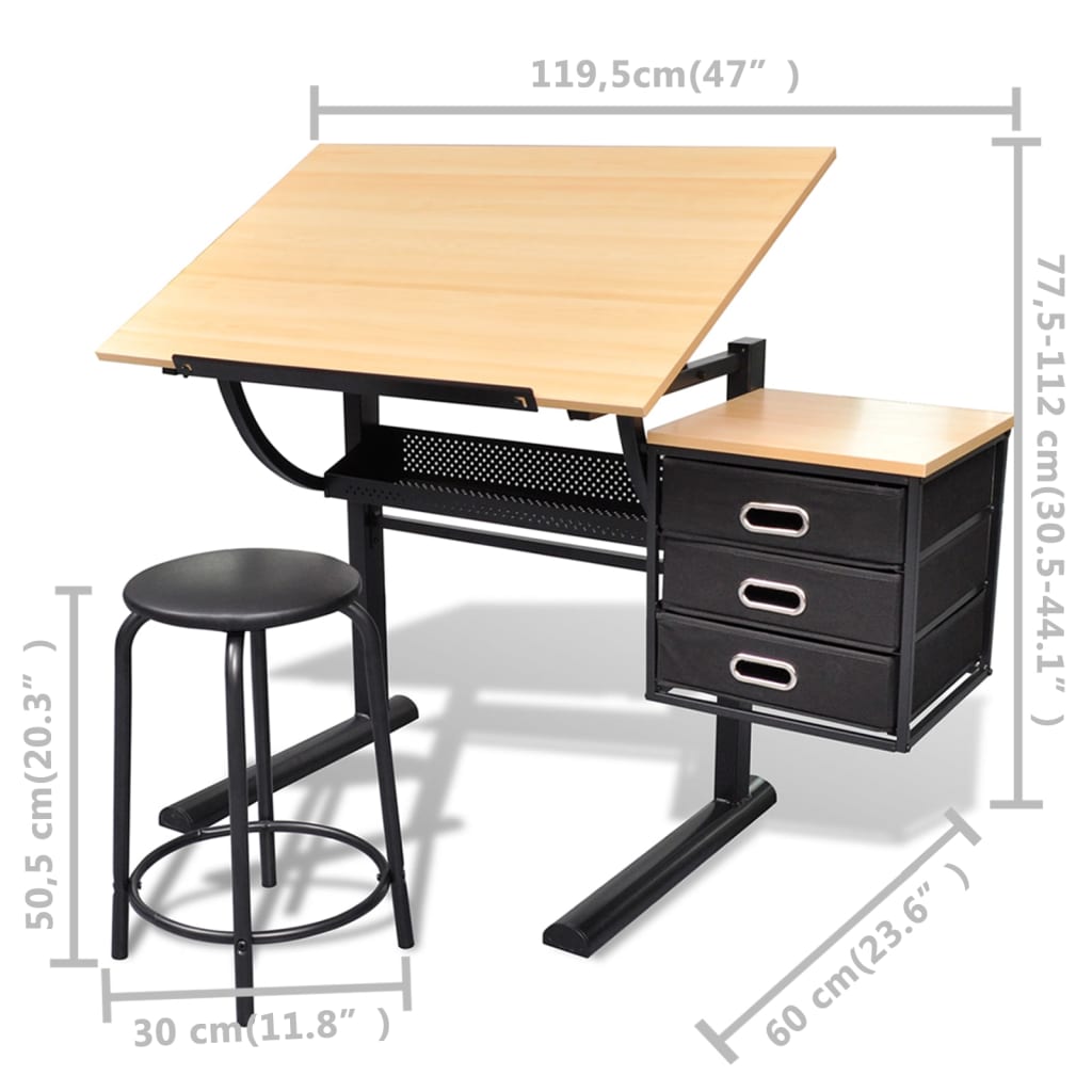 Zeichentisch mit neigbarer Tischplatte 3 Schubladen und Hocker
