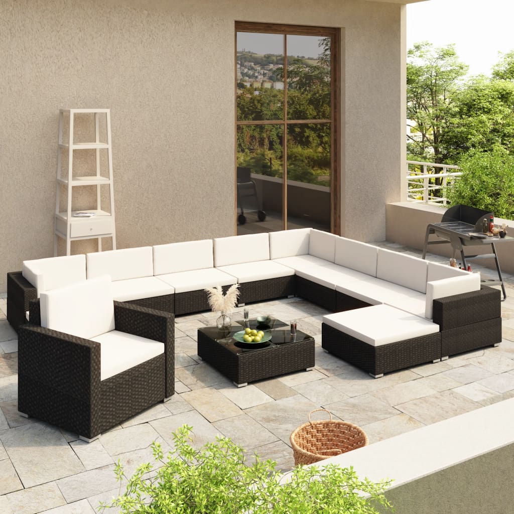 12-tlg. Garten-Lounge-Set mit Auflagen Poly Rattan Schwarz