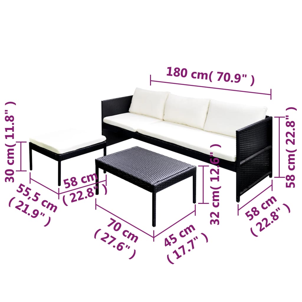 3-tlg. Garten-Lounge-Set mit Auflagen Poly Rattan Schwarz