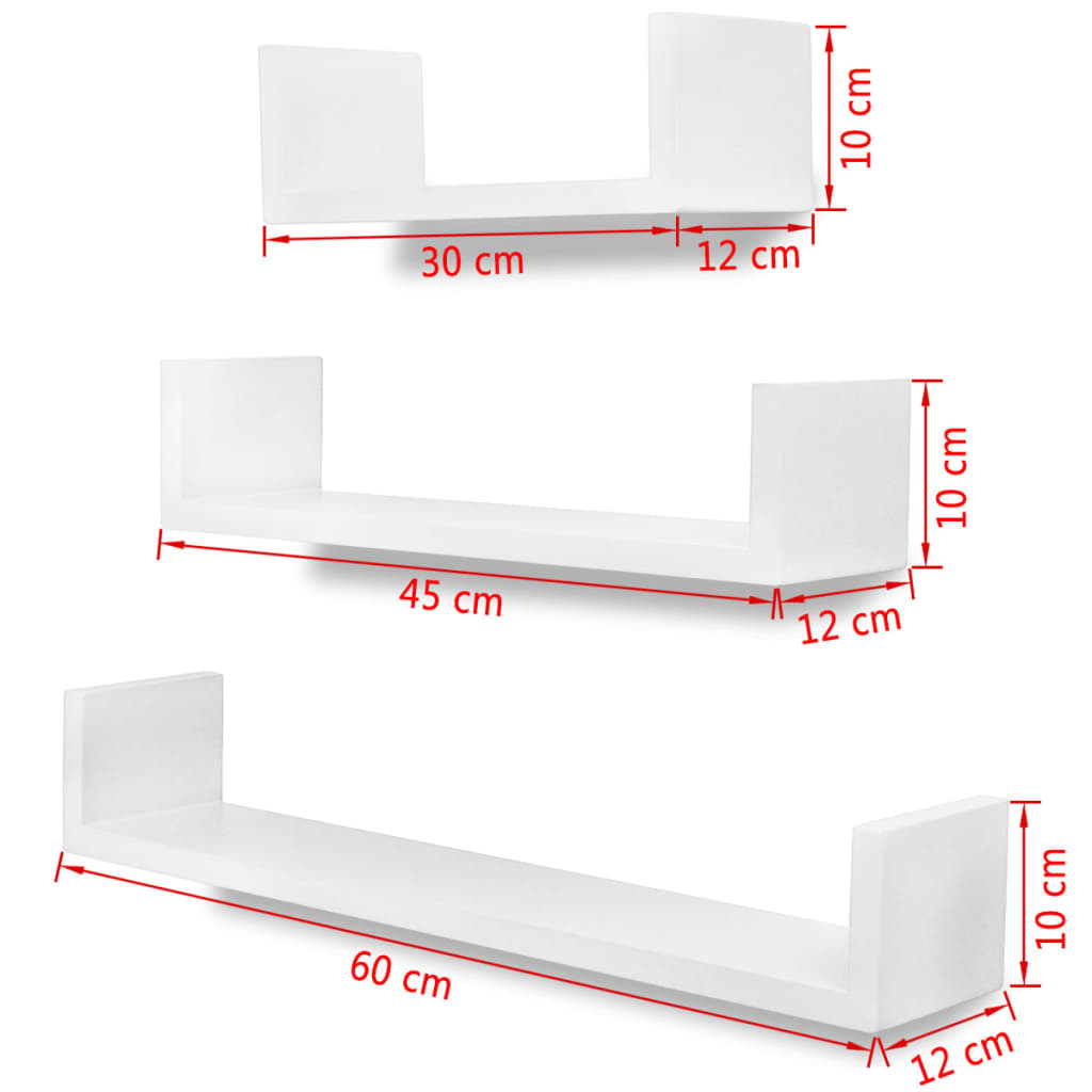 3er Set MDF Wandregal Hängeregal für Bücher/DVD, U-förmig, weiß