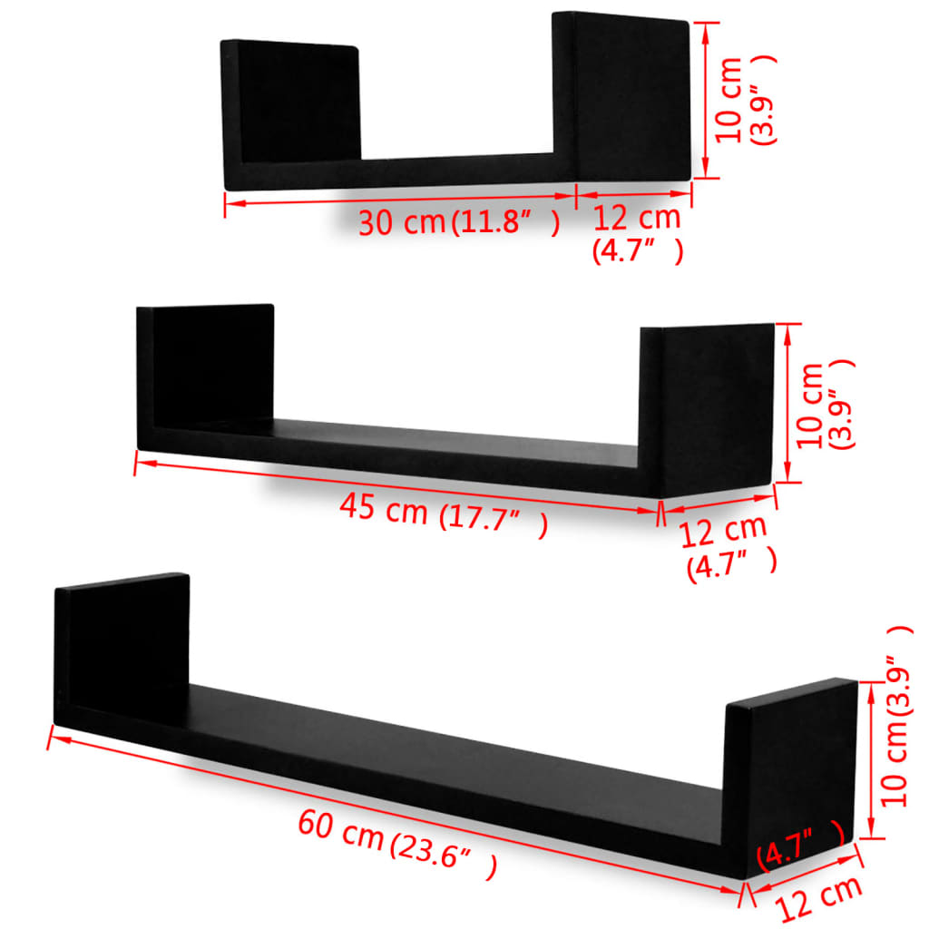 3er Set MDF Wandregal Hängeregal für Bücher/DVD, U-förmig, schwarz