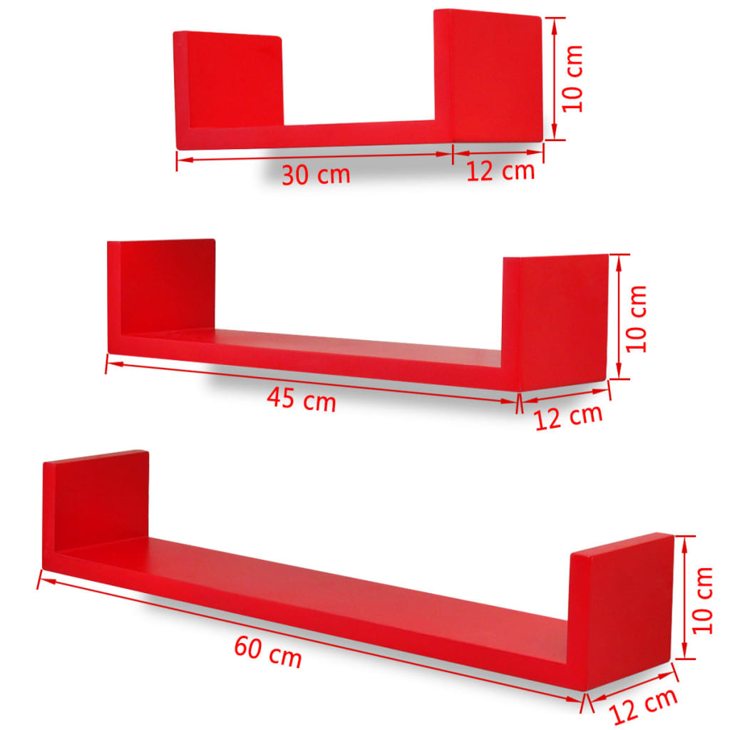 3er Set MDF Wandregal Hängeregal für Bücher/DVD, U-förmig, rot