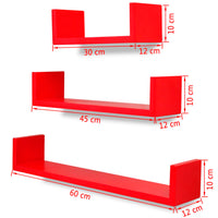 Thumbnail for 3er Set MDF Wandregal Hängeregal für Bücher/DVD, U-förmig, rot