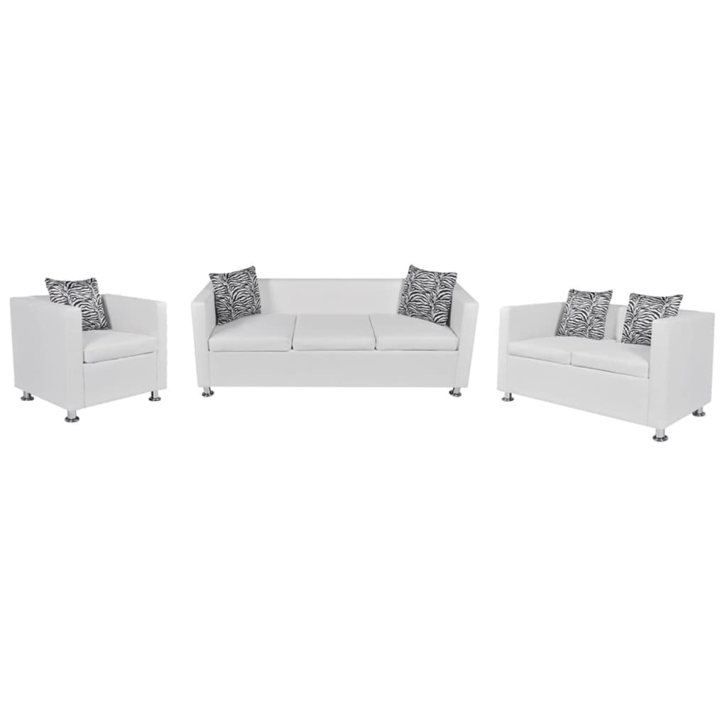 Sofa-Set Kunstleder 3-Sitzer + 2-Sitzer + Sessel Weiß
