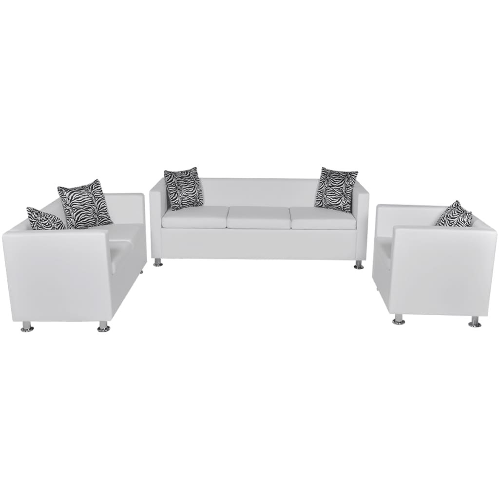 Sofa-Set Kunstleder 3-Sitzer + 2-Sitzer + Sessel Weiß