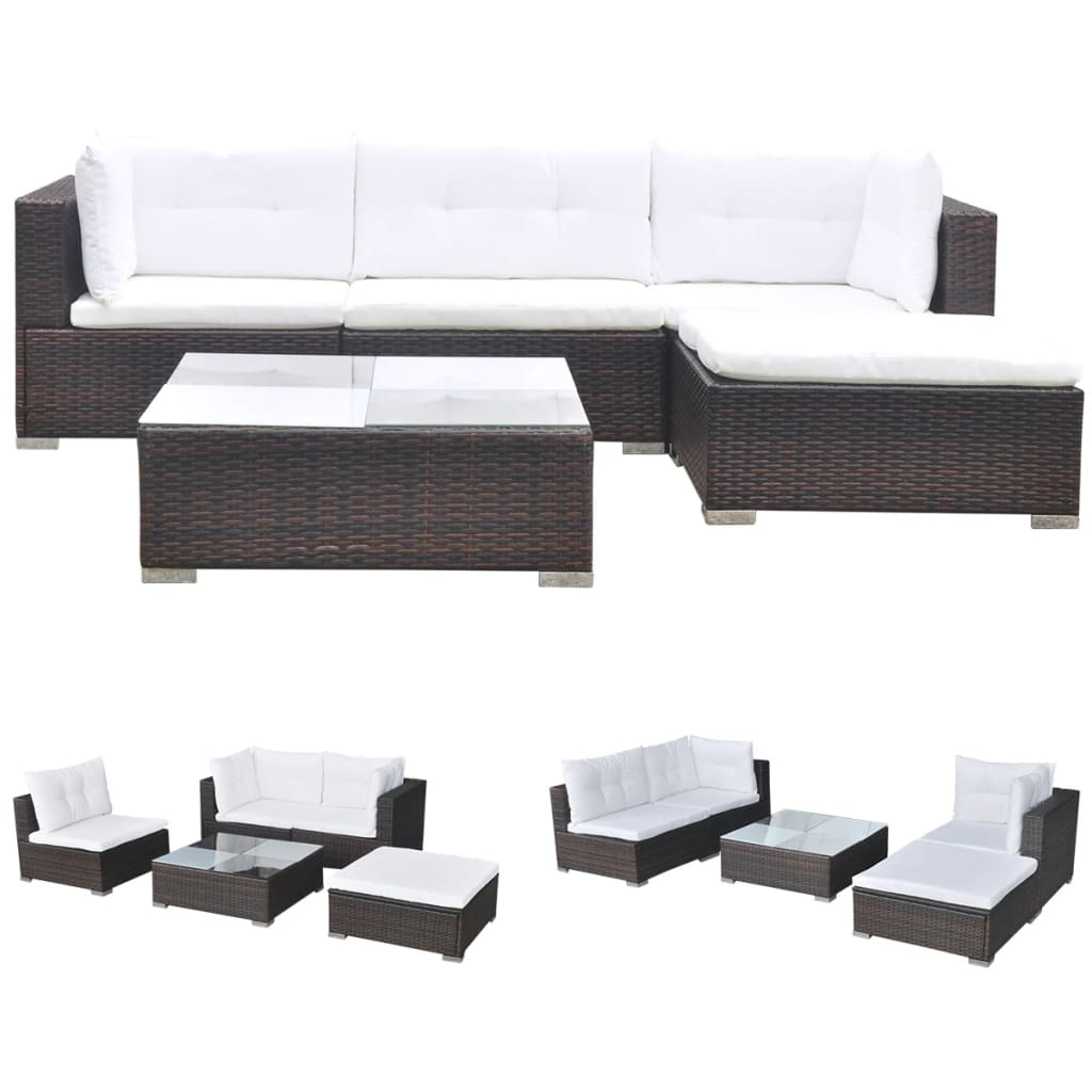5-tlg. Garten-Lounge-Set mit Auflagen Poly Rattan Braun