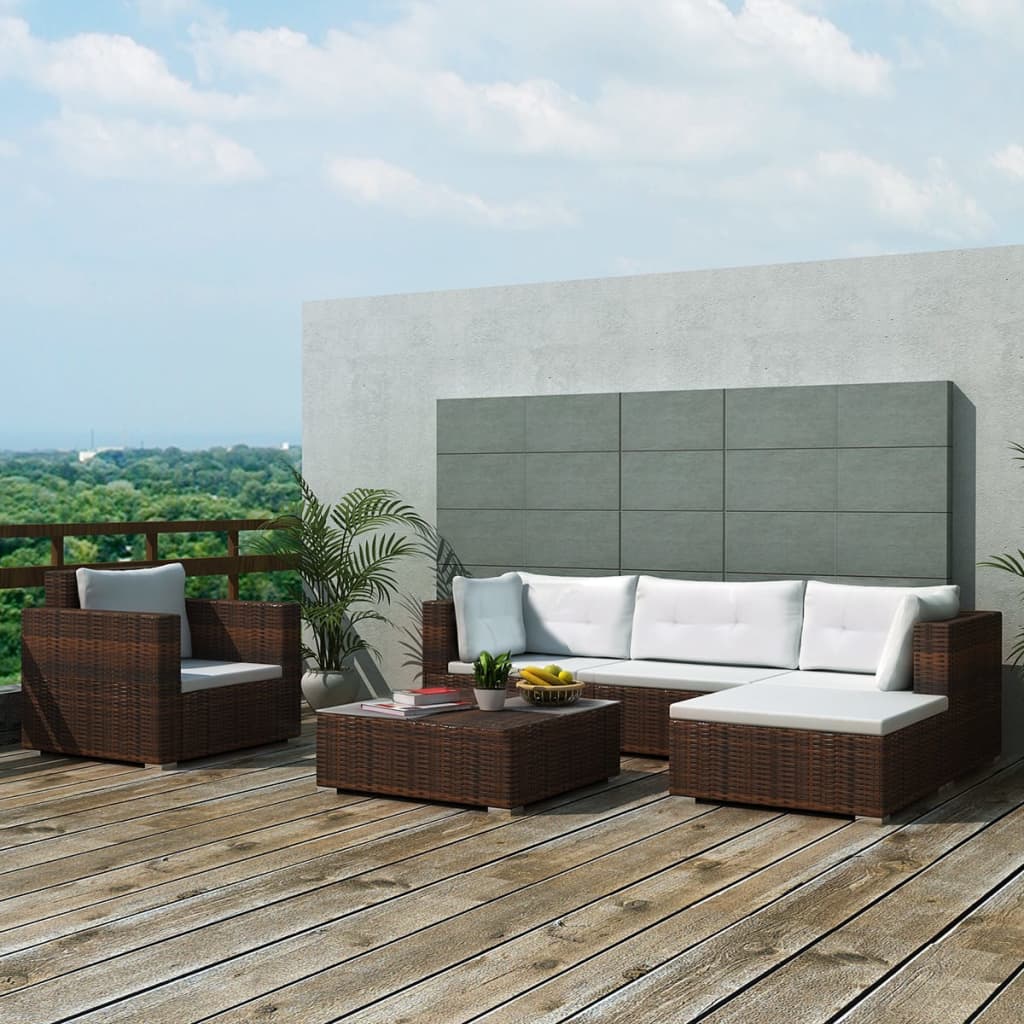 6-tlg. Garten-Lounge-Set mit Auflagen Poly Rattan Braun