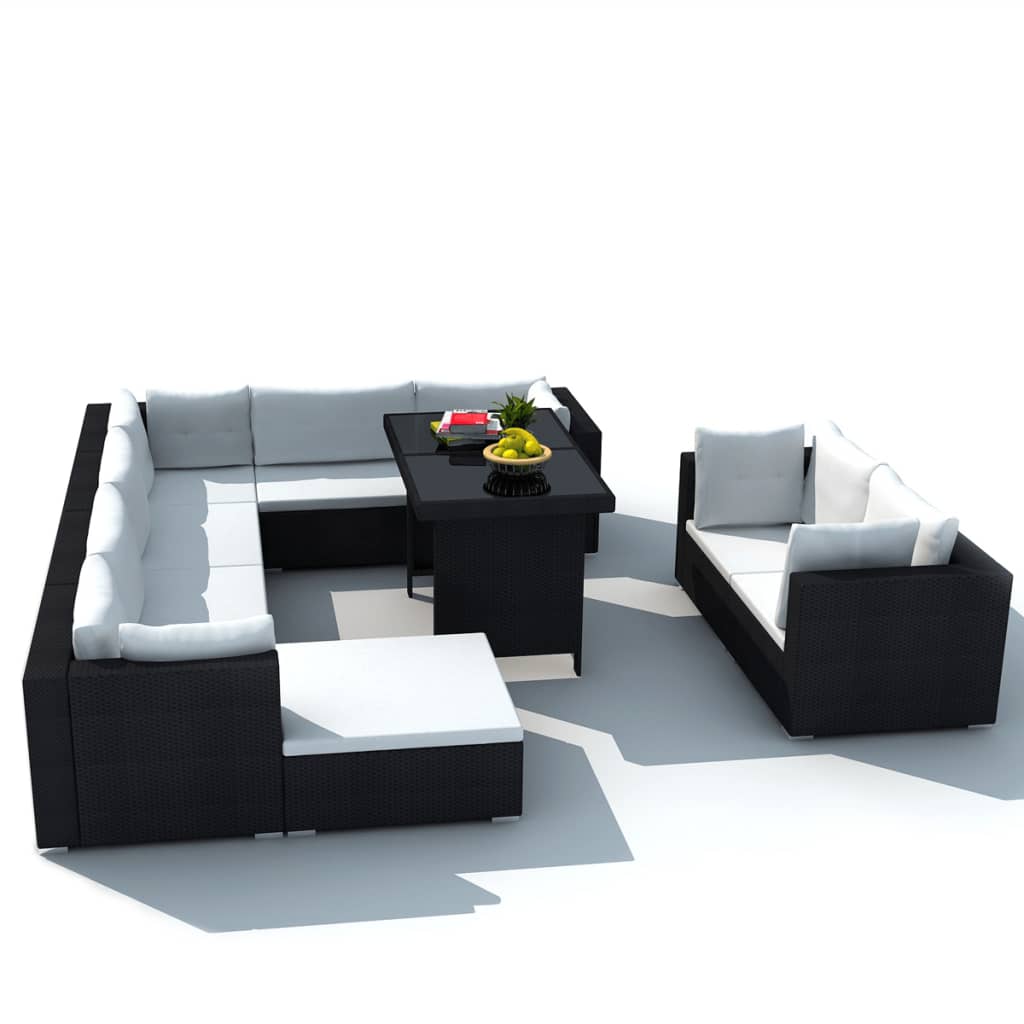 10-tlg. Garten-Lounge-Set mit Auflagen Poly Rattan Schwarz