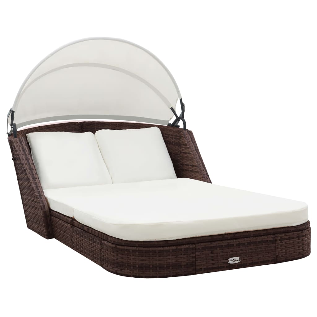 Sonnenliege mit Baldachin Poly Rattan Braun