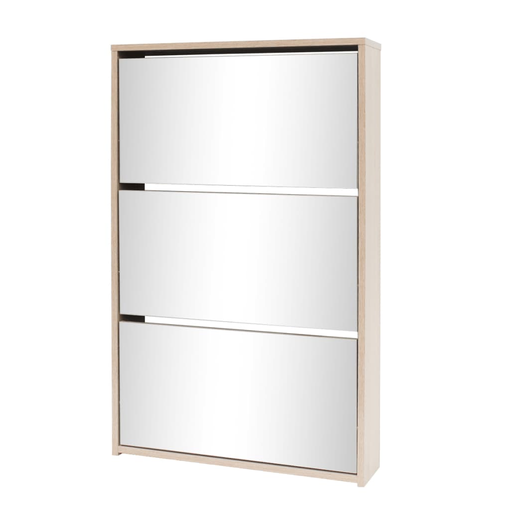 Schuhschrank mit 3 Fächern Spiegel Eiche-Optik 63x17x102,5 cm