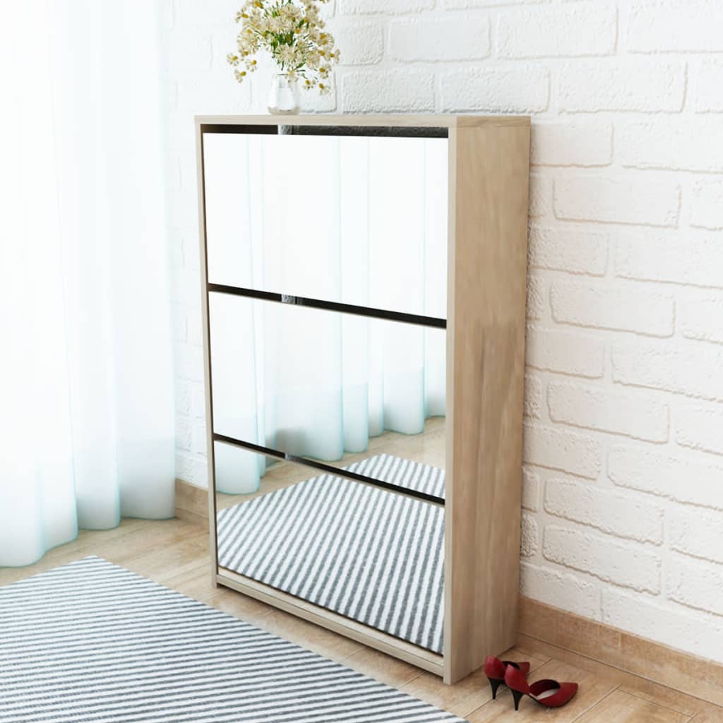 Schuhschrank mit 3 Fächern Spiegel Eiche-Optik 63x17x102,5 cm