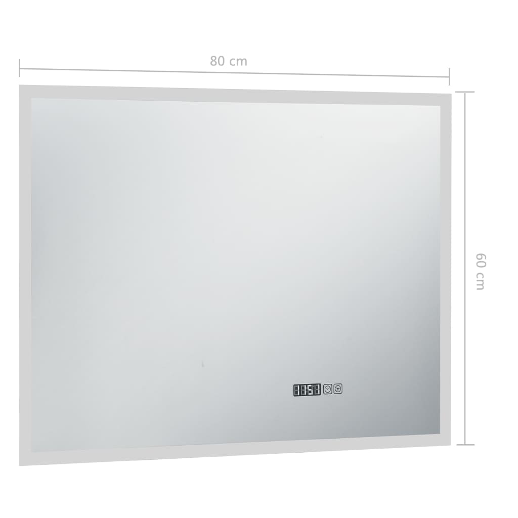 LED-Badspiegel mit Touch-Sensor und Zeitanzeige 80×60 cm