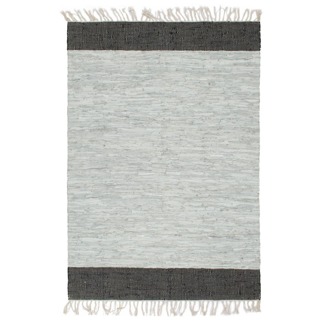 Handgewebter Chindi-Teppich Leder 190x280 cm Hellgrau Schwarz