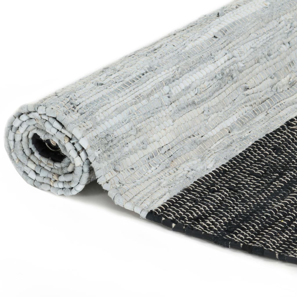 Handgewebter Chindi-Teppich Leder 190x280 cm Hellgrau Schwarz