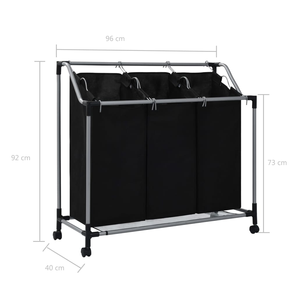 Wäschekorb mit 3 Taschen Schwarz Stahl