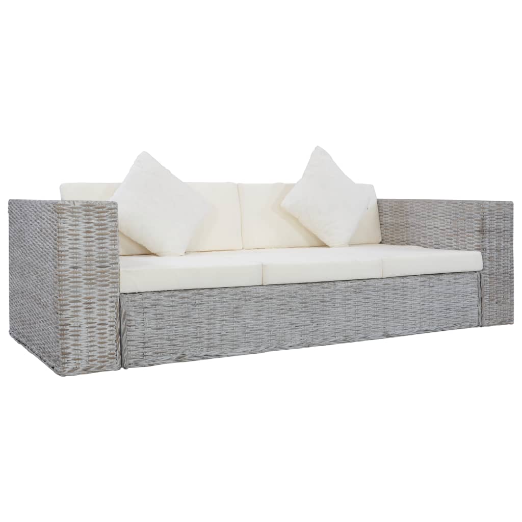 3-Sitzer-Sofa mit Polstern Grau Natürliches Rattan