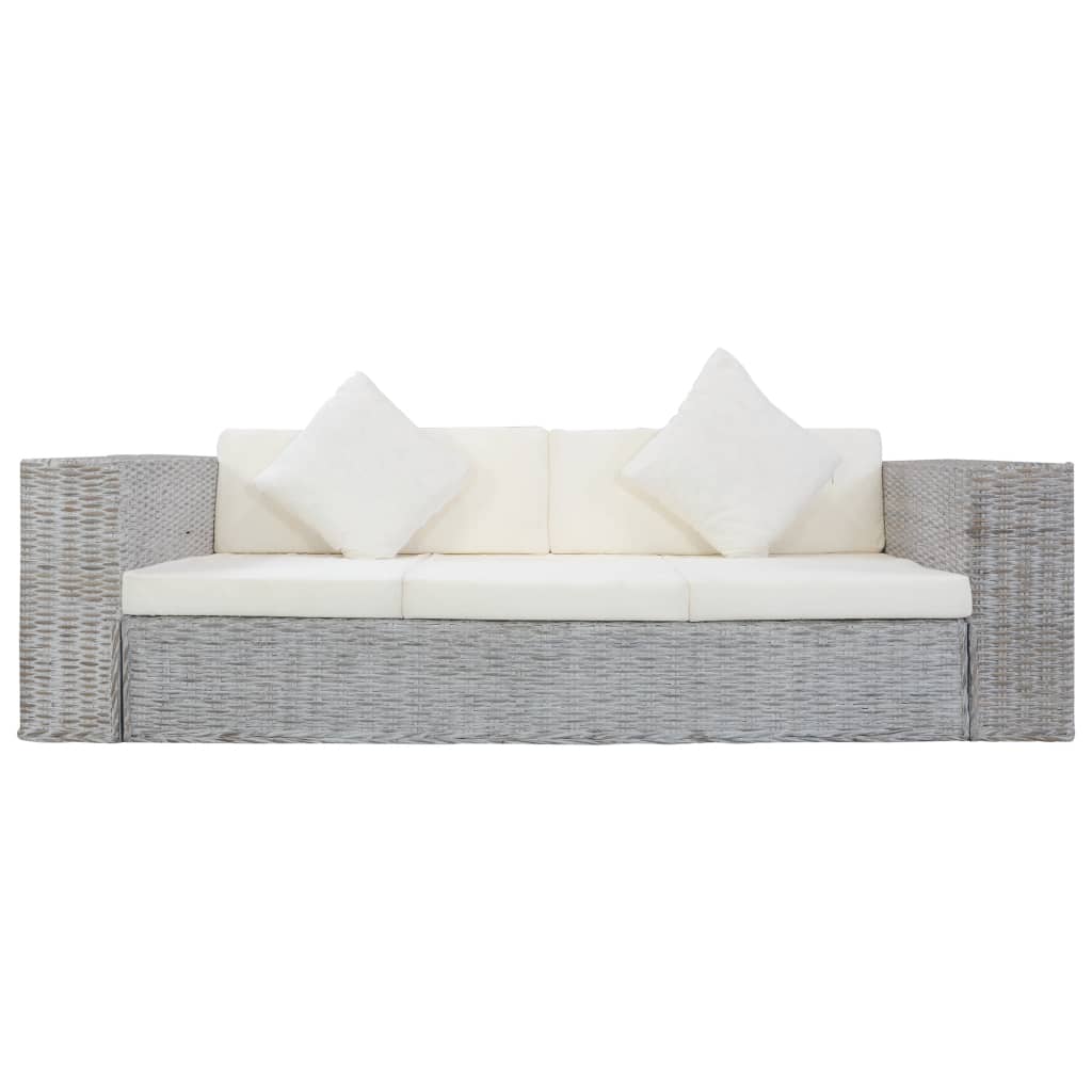 3-Sitzer-Sofa mit Polstern Grau Natürliches Rattan