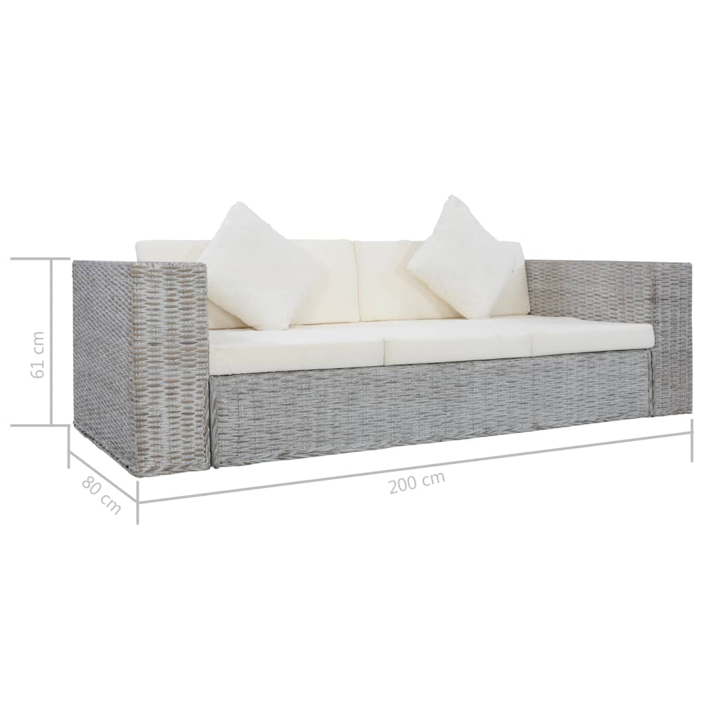 3-Sitzer-Sofa mit Polstern Grau Natürliches Rattan