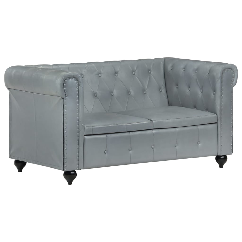 Chesterfield-Sofa 2-Sitzer Grau Echtleder