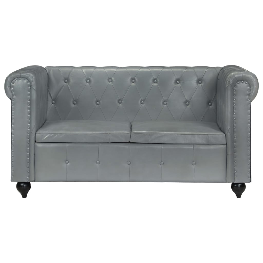 Chesterfield-Sofa 2-Sitzer Grau Echtleder