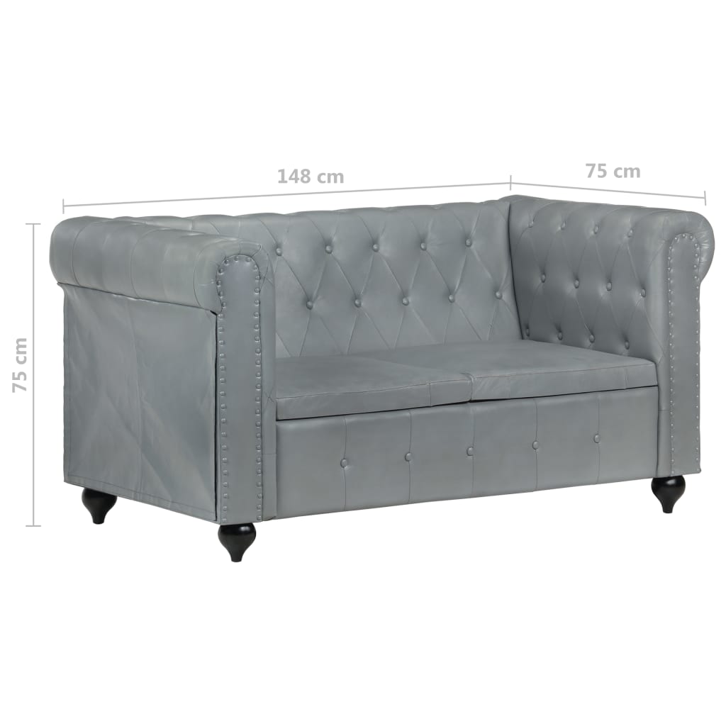 Chesterfield-Sofa 2-Sitzer Grau Echtleder