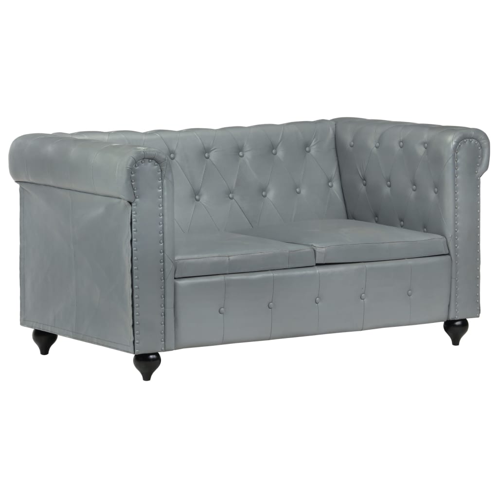 Chesterfield-Sofa 2-Sitzer Grau Echtleder