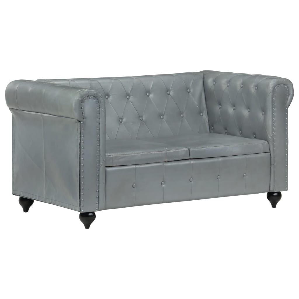 Chesterfield-Sofa 2-Sitzer Grau Echtleder