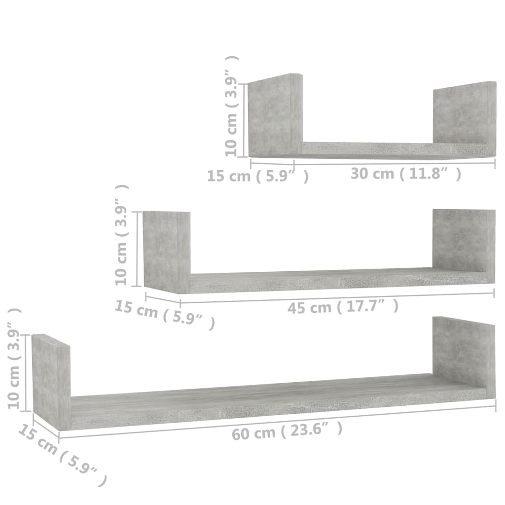 Wandregal 3 Stk. Betongrau Spanplatte