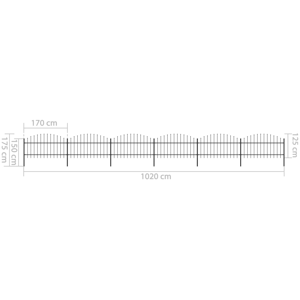 Gartenzaun mit Speerspitzen Stahl (1 - 1,25) x 10,2 m Schwarz