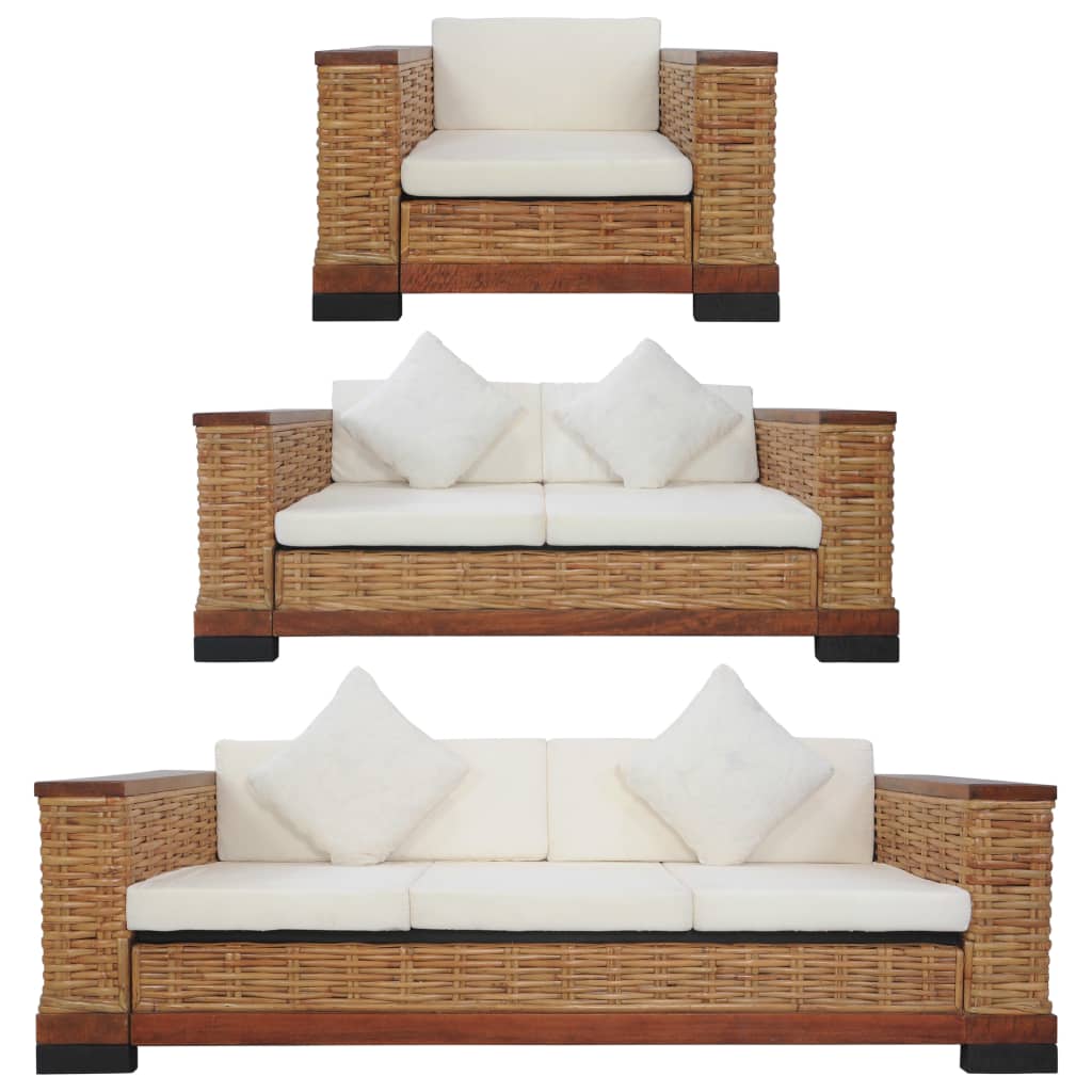 3-tlg. Sofagarnitur mit Auflagen Braun Natur Rattan