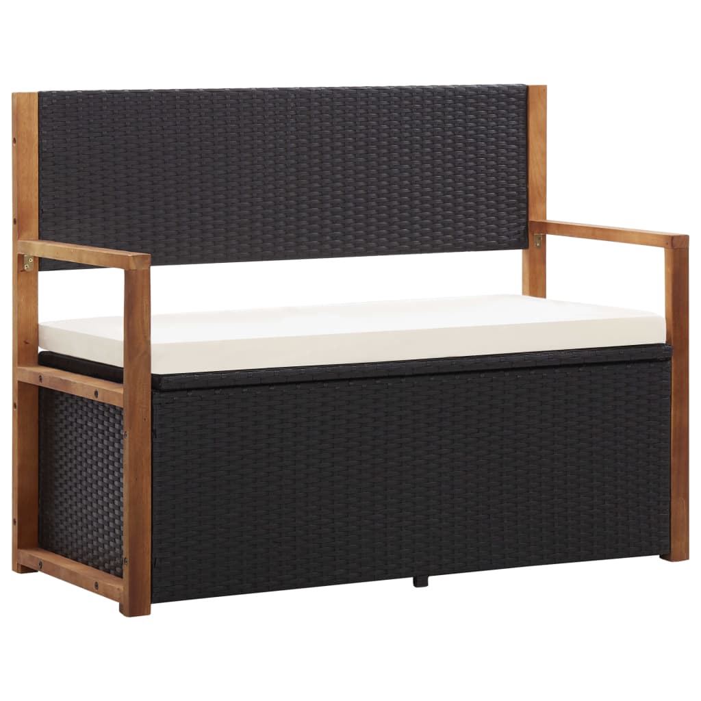 Bank mit Stauraum 110 cm Poly Rattan Massivholz Akazie Schwarz