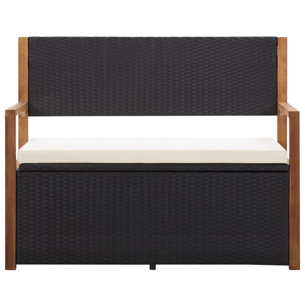 Bank mit Stauraum 110 cm Poly Rattan Massivholz Akazie Schwarz