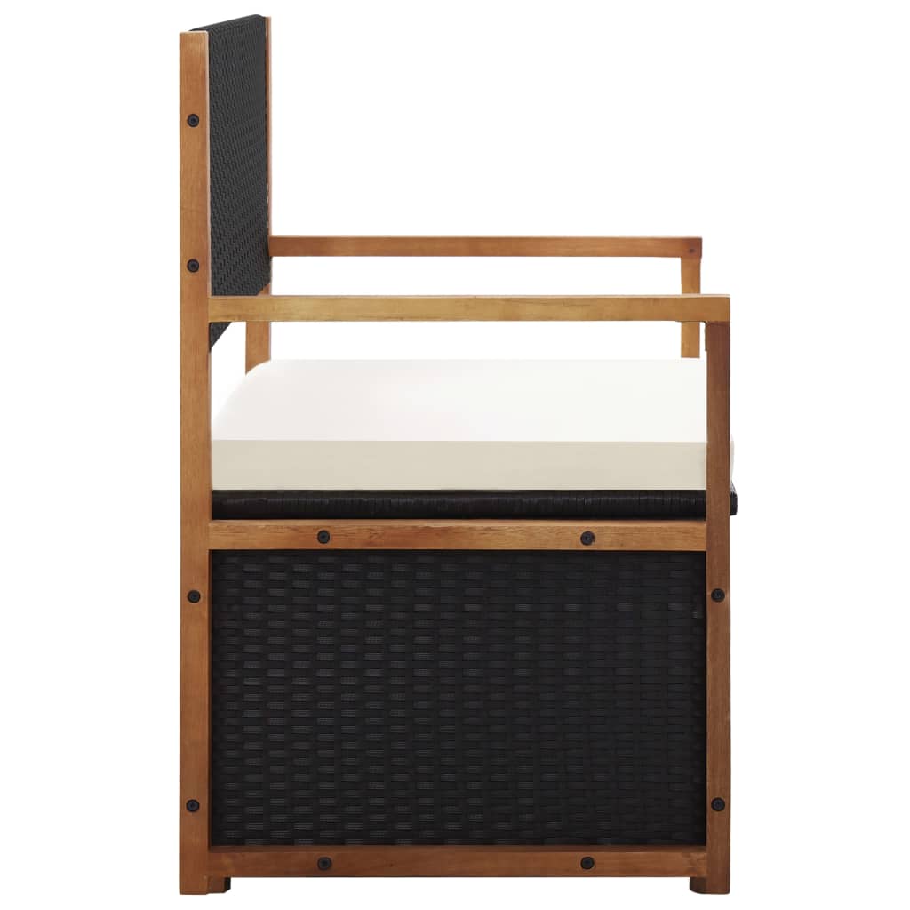 Bank mit Stauraum 110 cm Poly Rattan Massivholz Akazie Schwarz