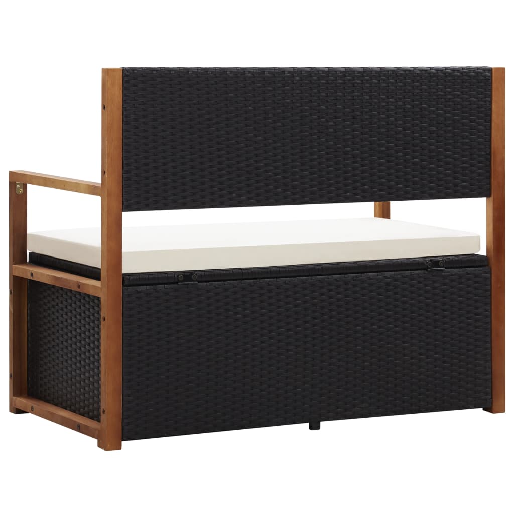Bank mit Stauraum 110 cm Poly Rattan Massivholz Akazie Schwarz