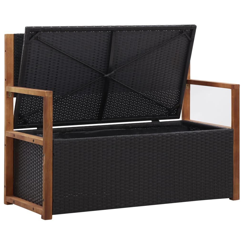 Bank mit Stauraum 110 cm Poly Rattan Massivholz Akazie Schwarz