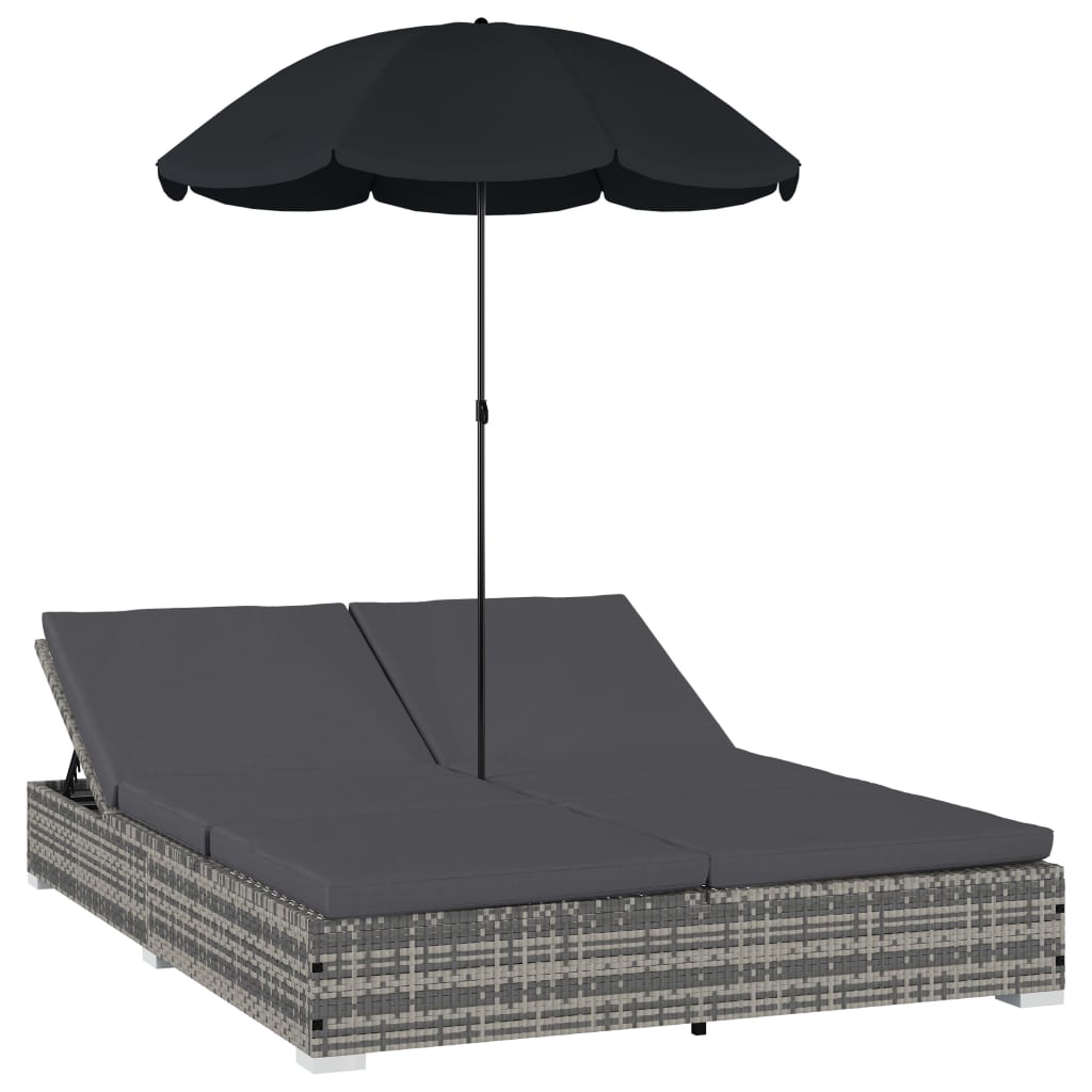 Outdoor-Loungebett mit Sonnenschirm Poly Rattan Grau