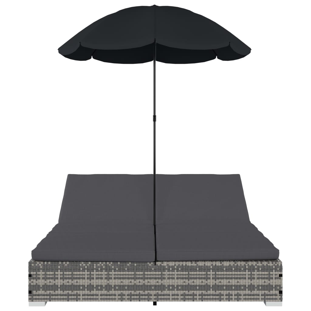 Outdoor-Loungebett mit Sonnenschirm Poly Rattan Grau