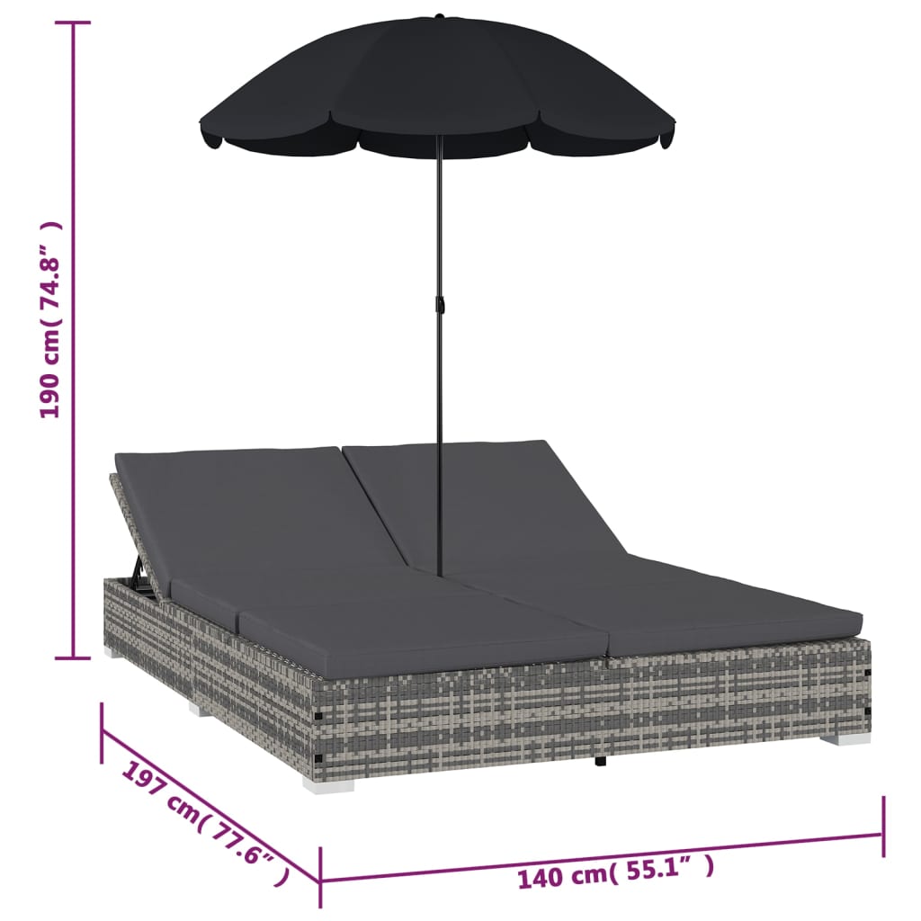 Outdoor-Loungebett mit Sonnenschirm Poly Rattan Grau