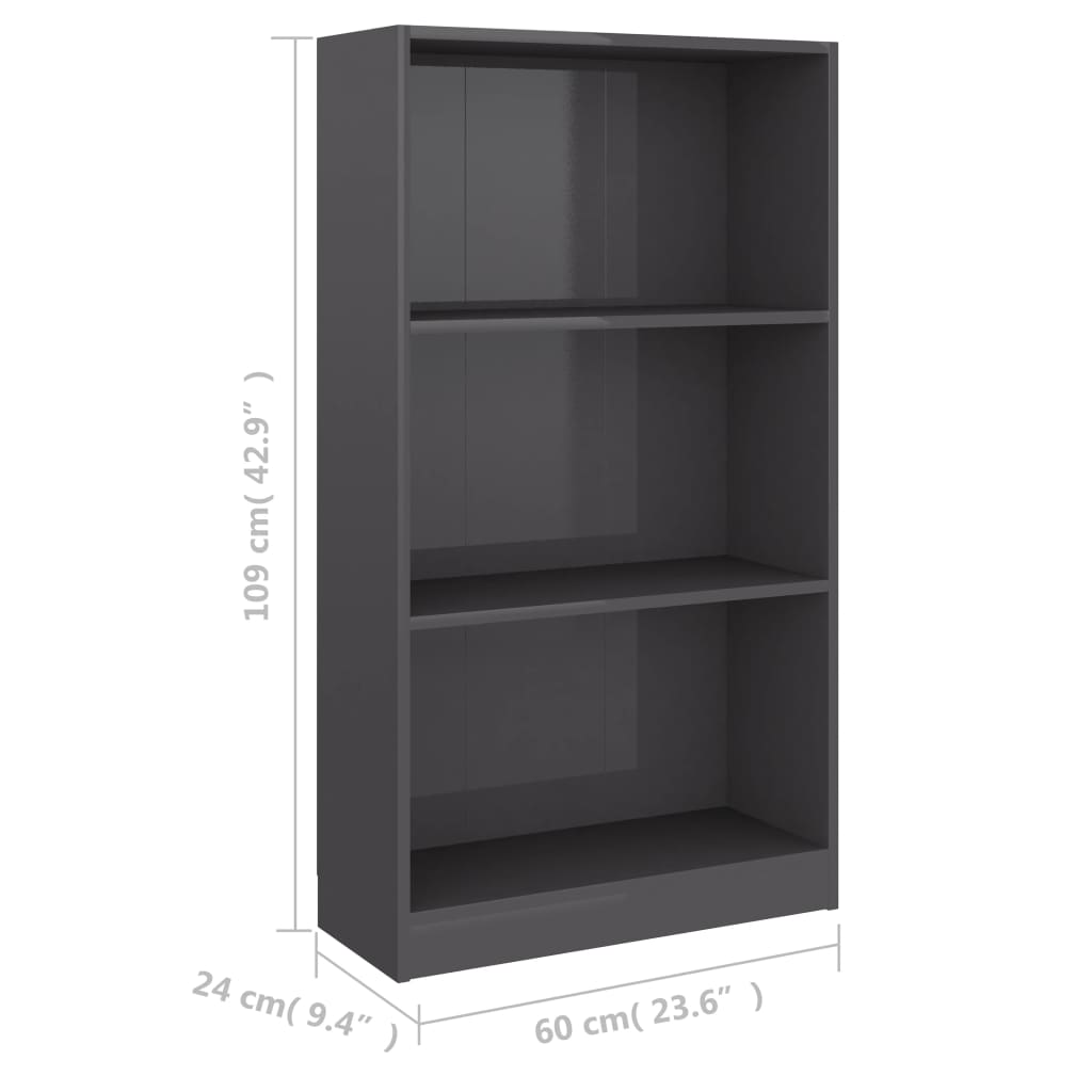 Bücherregal 3 Fächer Hochglanz-Grau 60x24x109 cm Holzwerkstoff