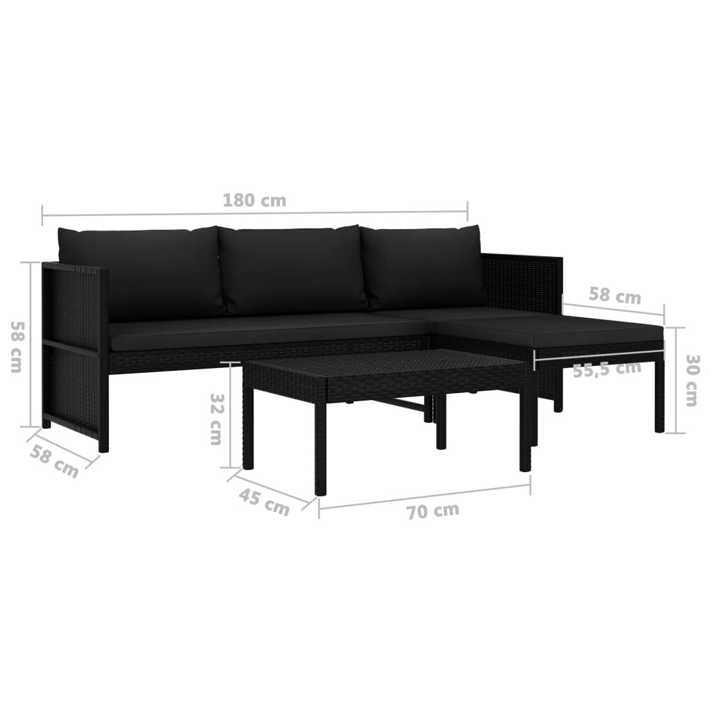 3-tlg. Garten-Lounge-Set mit Auflagen Poly Rattan Schwarz