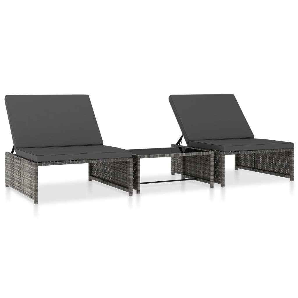 Sonnenliegen 2 Stk. mit Tisch Poly Rattan Grau