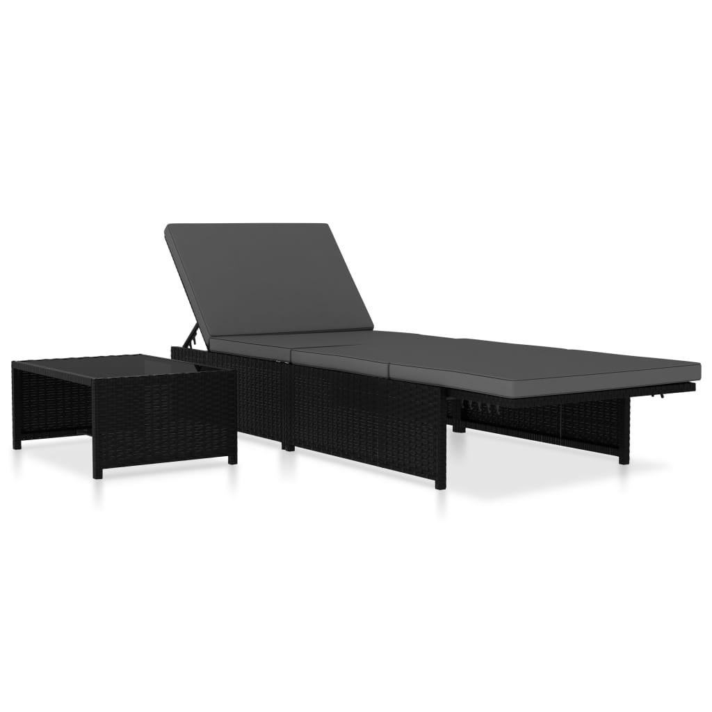 Sonnenliegen 2 Stk. mit Tisch Poly Rattan Schwarz