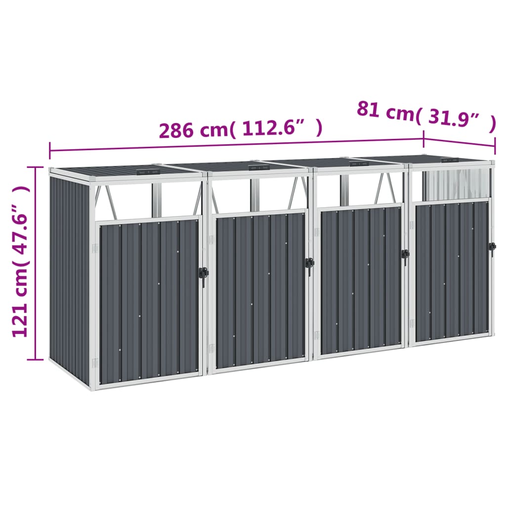Mülltonnenbox für 4 Mülltonnen Grau 286×81×121 cm Stahl