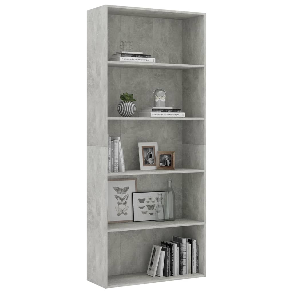 Bücherregal 5 Fächer Betongrau 80x30x189 cm Holzwerkstoff