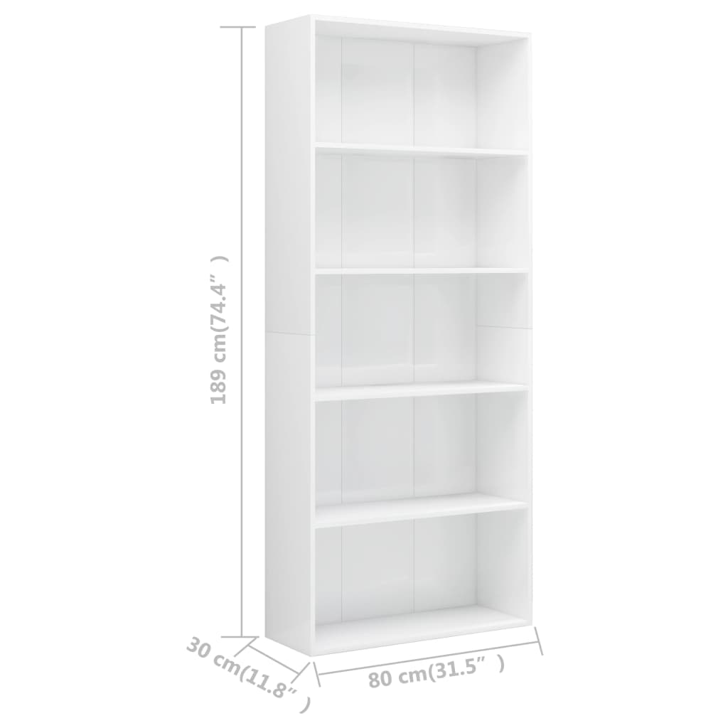 Bücherregal 5 Fächer Hochglanz-Weiß 80x30x189 cm Holzwerkstoff