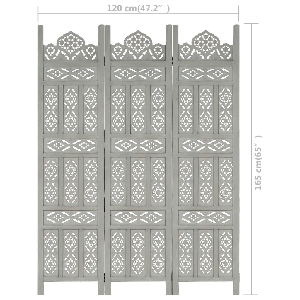 3tlg. Raumteiler Handgeschnitzt Grau 120×165cm Mango Massivholz