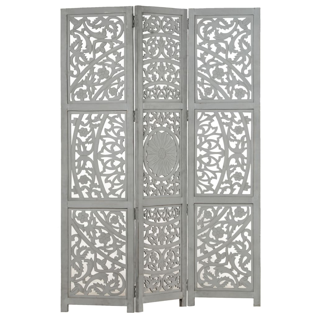 3tlg. Raumteiler Handgeschnitzt Grau 120×165cm Mango Massivholz