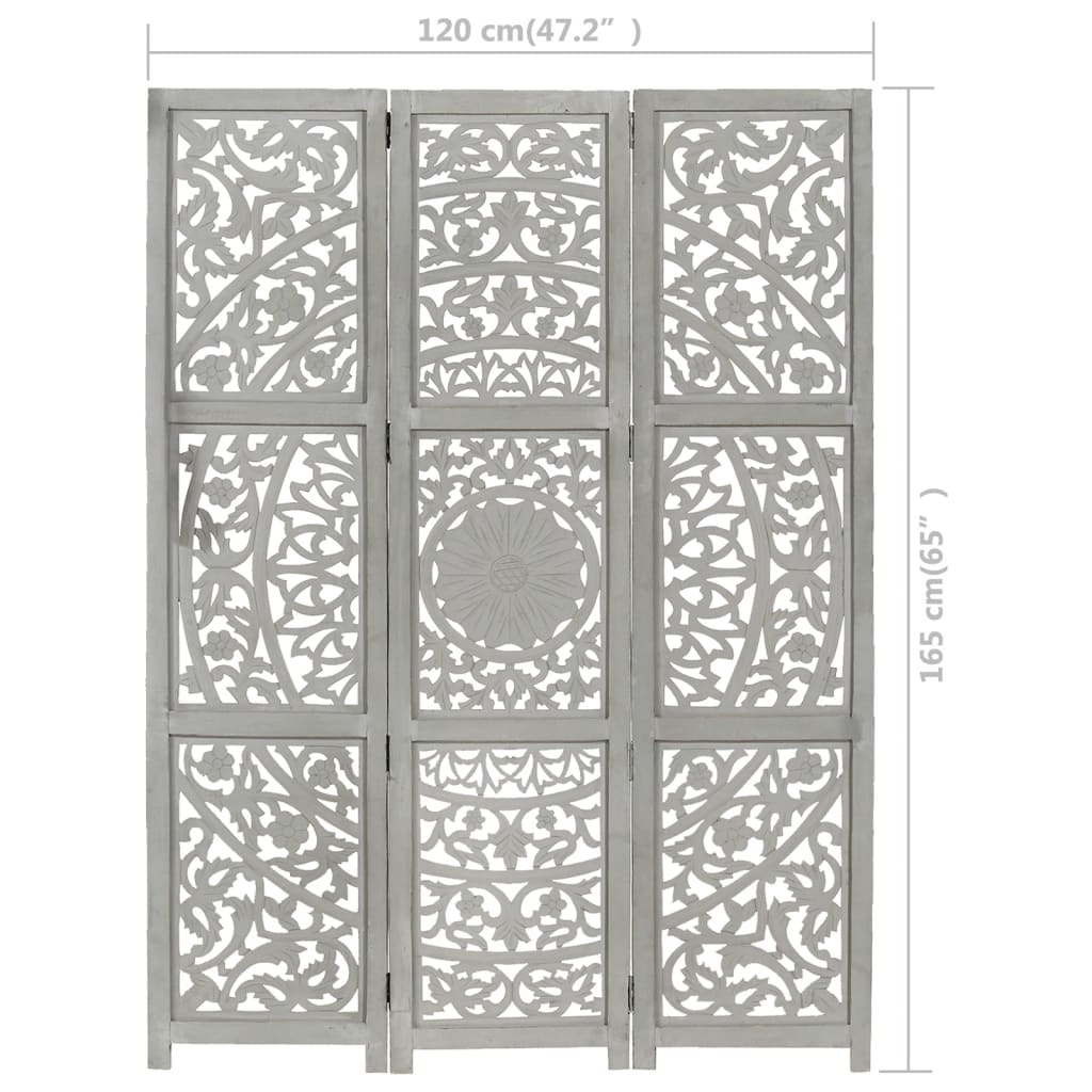 3tlg. Raumteiler Handgeschnitzt Grau 120×165cm Mango Massivholz